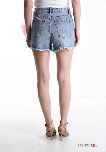 Pantaloncino Short in Cotone corto denim strappati con bottoni con zip - ph 2