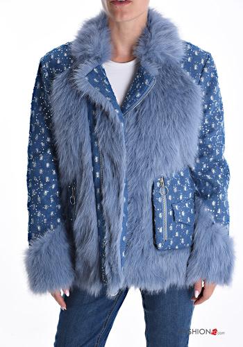Giacca in Cotone denim pelliccia sintetica con fodera con tasche con zip