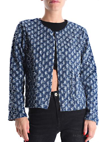 Veste en Coton en denim col rond à broderie avec poches sans doublure - ph 1