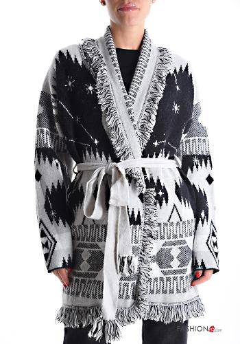 lange ärmel mit kragen Strickjacke mit Fransen mit stoffgürtel - ph 1