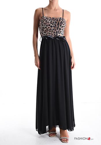 Abito senza maniche scollato sulla schiena Fantasia animalier con paillettes con cintura in stoffa - ph 1