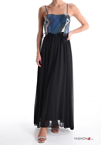 Abito chiffon senza maniche lungo con cintura in stoffa con paillettes con fodera - ph 1