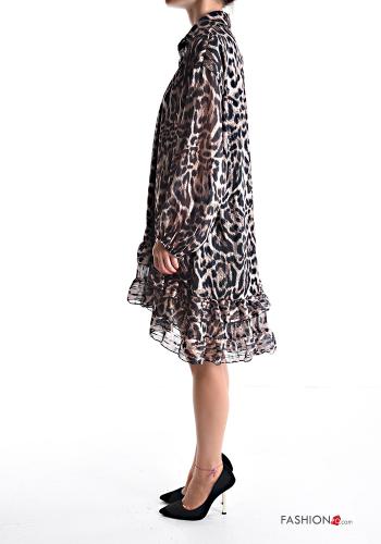Robe chiffon à collet manches à volant manches longues Imprimé animalier à volants à boutons - ph 3