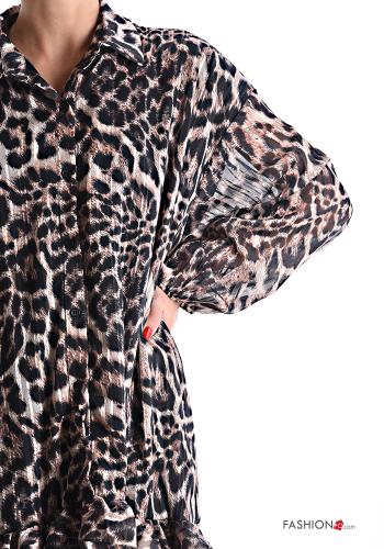 Robe chiffon à collet manches à volant manches longues Imprimé animalier à volants à boutons - ph 4