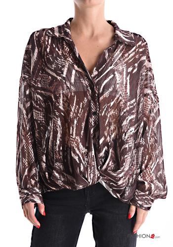 Chemise chiffon à collet manches longues Imprimé abstrait à boutons à noeud - ph 1