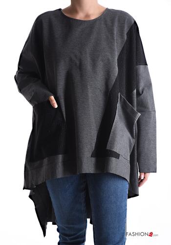 Maglietta a manica lunga girocollo oversize asimmetrico con tasche - ph 1