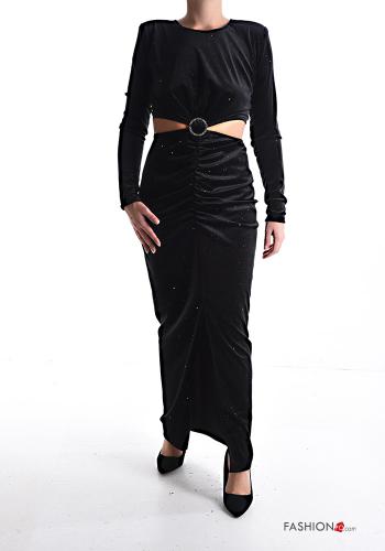 Abito girocollo scollato sulla schiena in velluto maniche lunghe con strass con spacco - ph 1