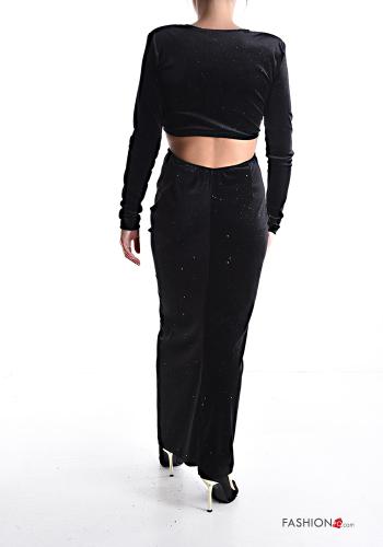 Abito girocollo scollato sulla schiena in velluto maniche lunghe con strass con spacco - ph 2