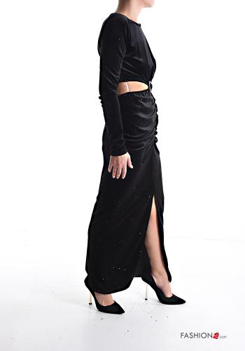 Abito girocollo scollato sulla schiena in velluto maniche lunghe con strass con spacco - ph 3