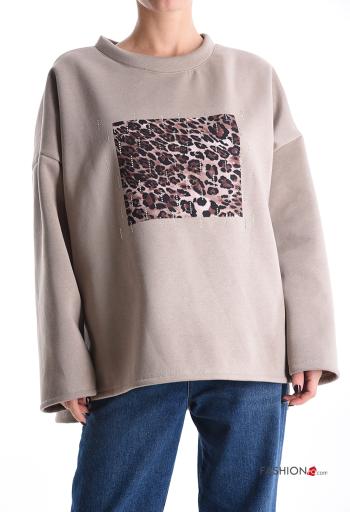 Felpa in Cotone maniche lunghe girocollo Fantasia animalier con strass - ph 1