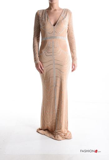 Abito maniche lunghe lungo con zip scollo a V con strass - ph 1