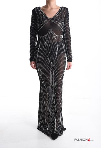 Abito maniche lunghe lungo scollo a V con strass - ph 1