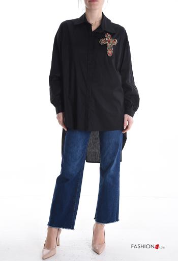 Camisa de Algodón asimetrico con cuello con botones con brillantes - ph 5