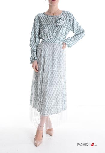 Abito girocollo tulle maniche lunghe Fantasia geometrica con cintura in stoffa - ph 1