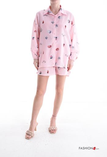 Coordinato maniche lunghe con colletto Fantasia oggetti con bottoni con cintura con tasche - ph 1