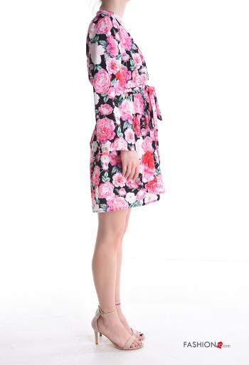 Floral long sleeve mini Jumpsuit with v-neck with fabric belt - ph 3