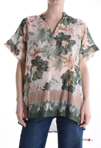 Blusa in Cotone maniche corte Fantasia floreale scollo a V - ph 1