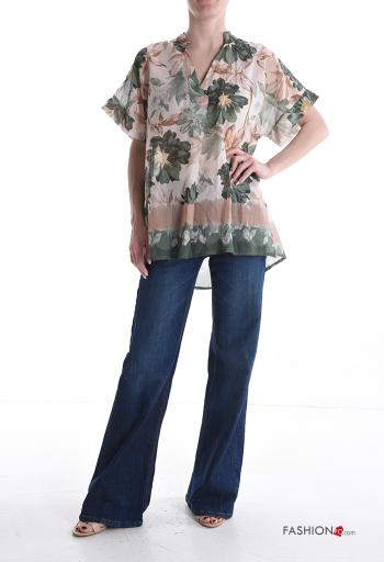Blusa in Cotone maniche corte Fantasia floreale scollo a V - ph 5