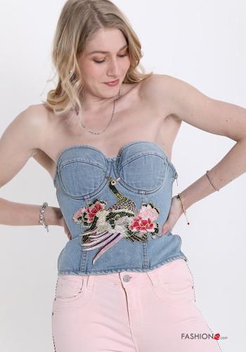 Embroidered denim Cotton Top with ribbon - ph 1