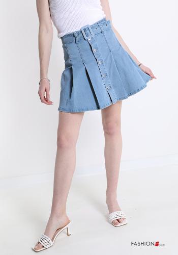 Minigonna in Cotone plissé denim con cintura con bottoni