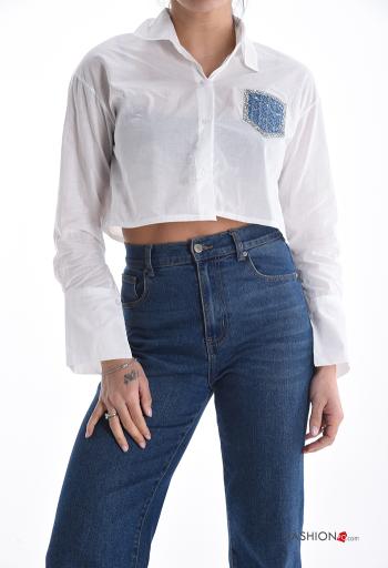 long sleeve with collar mini Cotton Shirt with buttons with rhinestones - ph 1