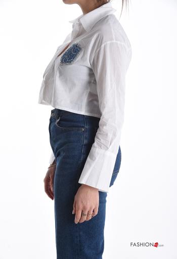 long sleeve with collar mini Cotton Shirt with buttons with rhinestones - ph 3