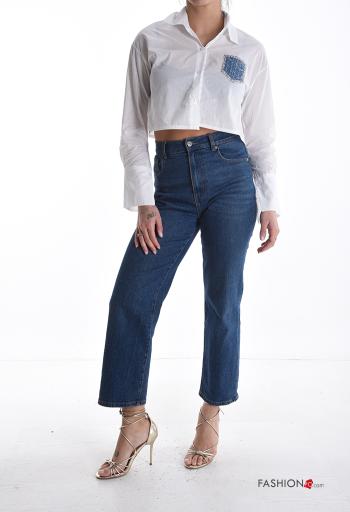 long sleeve with collar mini Cotton Shirt with buttons with rhinestones - ph 5