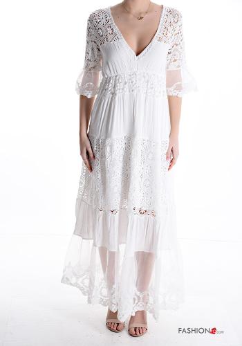 lace trim long Dress with v-neck 3/4 sleeve