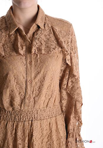 long sleeve knee-length lace trim Dress with flounces with buttons - ph 4