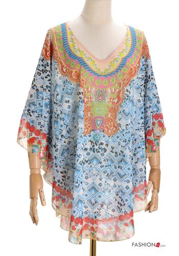 Geometrisches Muster Strandkleid mit V-Ausschnitt 3/4 ärmel