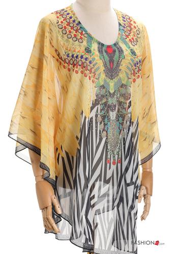 Patterned short sleeve Cover up with v-neck