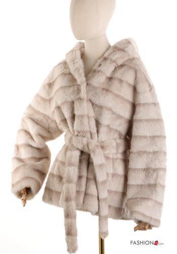 Kunstfell Mantel aus Kunstpelz mit Knöpfen mit Taschen mit Kapuze ohne Futter mit Gürtel