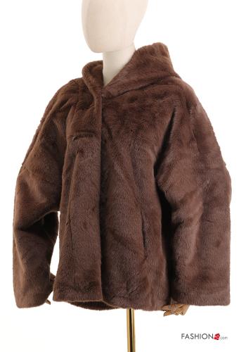 Cappotto in Pelliccia ecologica pelliccia sintetica senza fodera con bottoni con cappuccio