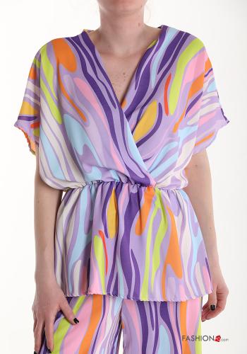 Conjunto manga corta Estampado colorido con cuello en v con elástico - ph 4