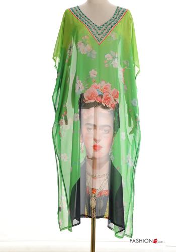 Tunique de plage chiffon longue manches courtes Imprimé artistique à col en V avec fonte