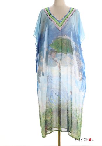 Kunstmuster kurze ärmel lange chiffon Strandkleid mit V-Ausschnitt mit schlitz - ph 1