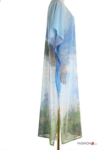 Kunstmuster kurze ärmel lange chiffon Strandkleid mit V-Ausschnitt mit schlitz - ph 3