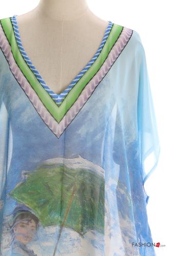 Kunstmuster kurze ärmel lange chiffon Strandkleid mit V-Ausschnitt mit schlitz - ph 4