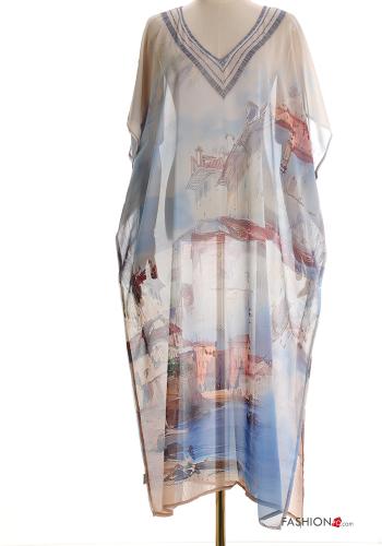 Copricostume chiffon maniche corte lungo Fantasia luoghi e paesi scollo a V con spacco