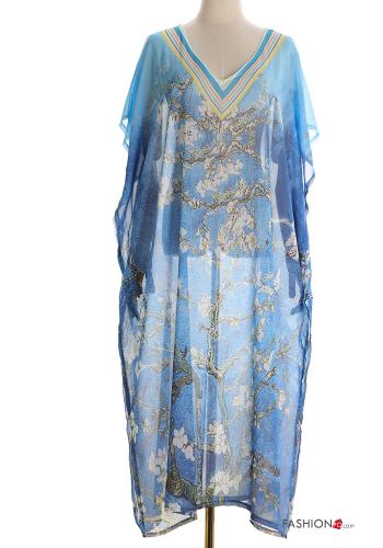 Floral short sleeve long chiffon Cover up with v-neck with split