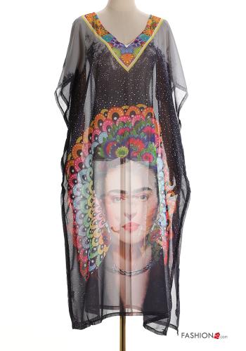 Creative print short sleeve long chiffon Cover up with v-neck with split