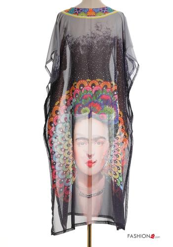 Kunstmuster kurze ärmel lange chiffon Strandkleid mit V-Ausschnitt mit schlitz - ph 2
