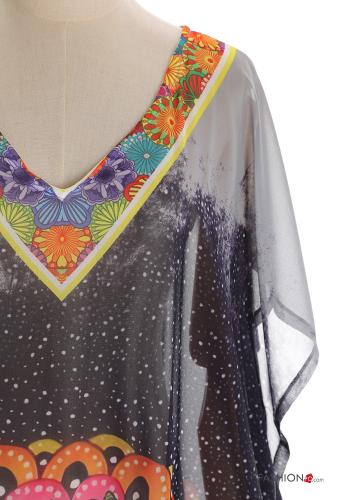 Kunstmuster kurze ärmel lange chiffon Strandkleid mit V-Ausschnitt mit schlitz - ph 4
