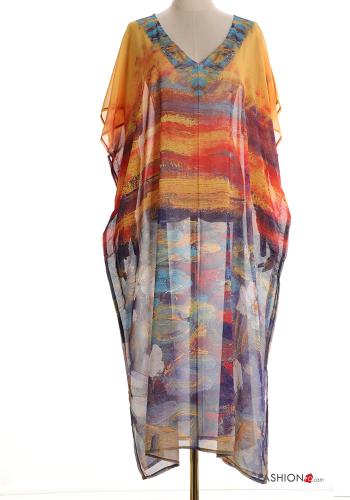 Copricostume chiffon maniche corte lungo Fantasia astratta scollo a V con spacco - ph 1
