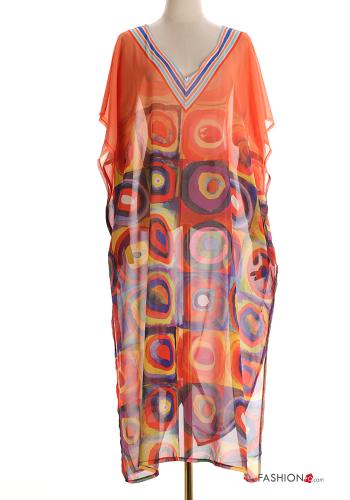 Copricostume chiffon maniche corte lungo Fantasia astratta scollo a V con spacco