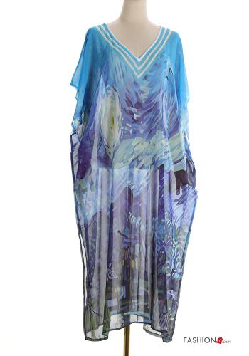 Abstrakte Muster kurze ärmel lange chiffon Strandkleid mit V-Ausschnitt mit schlitz - ph 1