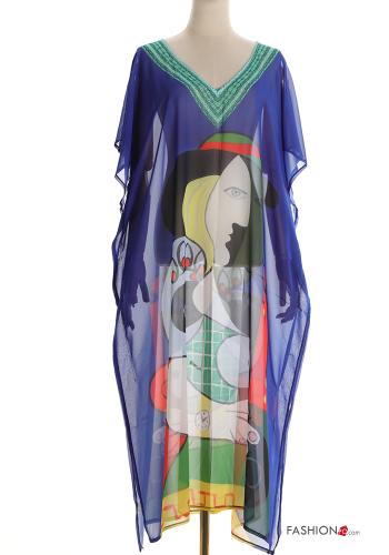 Copricostume chiffon maniche corte lungo Fantasia artistica scollo a V con spacco