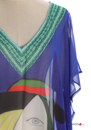 Kunstmuster kurze ärmel lange chiffon Strandkleid mit V-Ausschnitt mit schlitz - ph 4