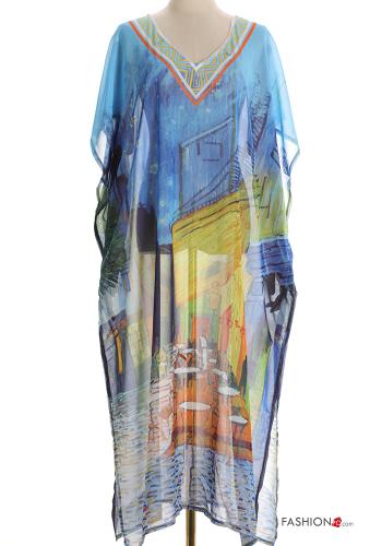 Creative print short sleeve long chiffon Cover up with v-neck with split