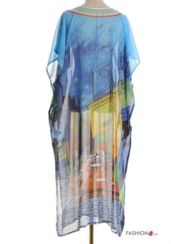 Kunstmuster kurze ärmel lange chiffon Strandkleid mit V-Ausschnitt mit schlitz - ph 2